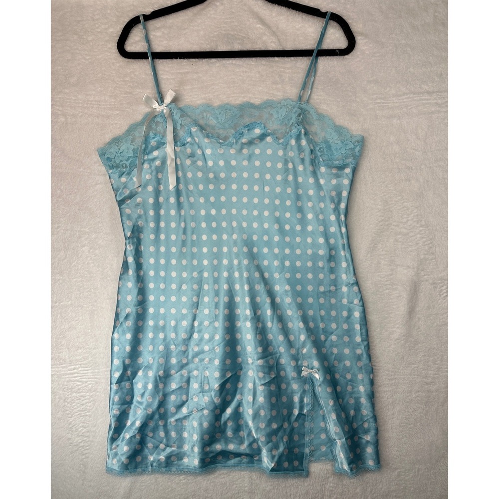 Victoria's Secret Angels Y2K Chemise Womens Large Blue Polka Dot Lace Trim Slip